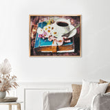 Flowers & Coffee Finished Diamond Painting Displayed with Gold Frame as Home Decor