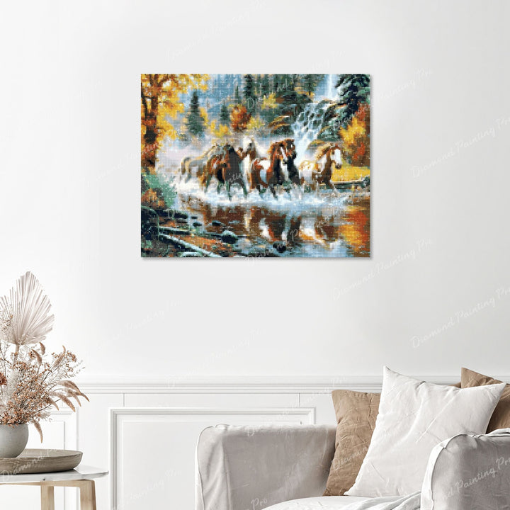 Horses Galloping Downstream Finished Diamond Painting with No Frame