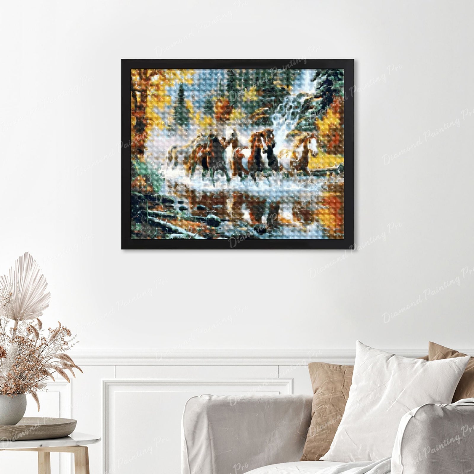 Horses Galloping Downstream Finished Diamond Painting Displayed with Black Frame as Home Decor