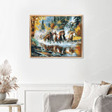 Horses Galloping Downstream Finished Diamond Painting Displayed with Gold Frame as Home Decor