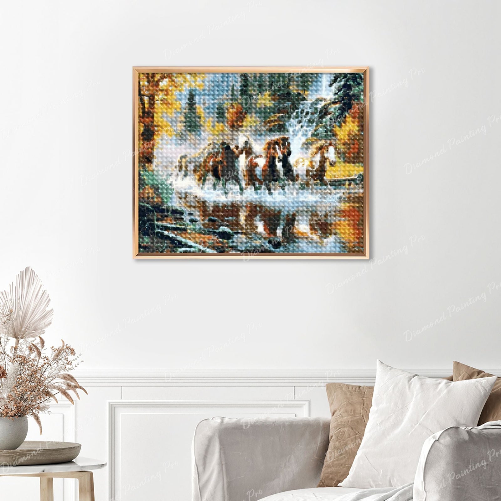 Horses Galloping Downstream Finished Diamond Painting Displayed with Gold Frame as Home Decor