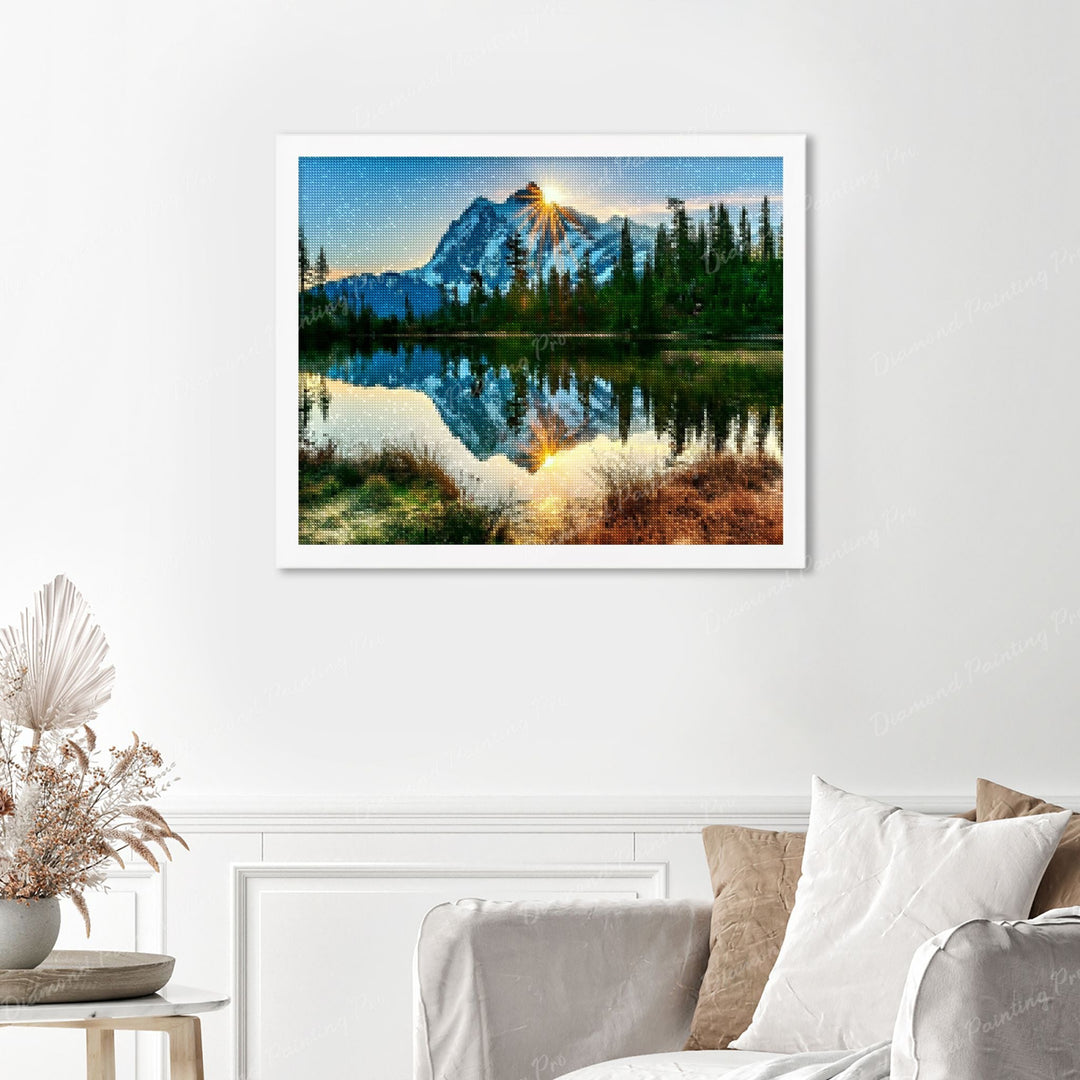 Sun Shining on Mountain Finished Diamond Painting Displayed with White Frame as Home Decor