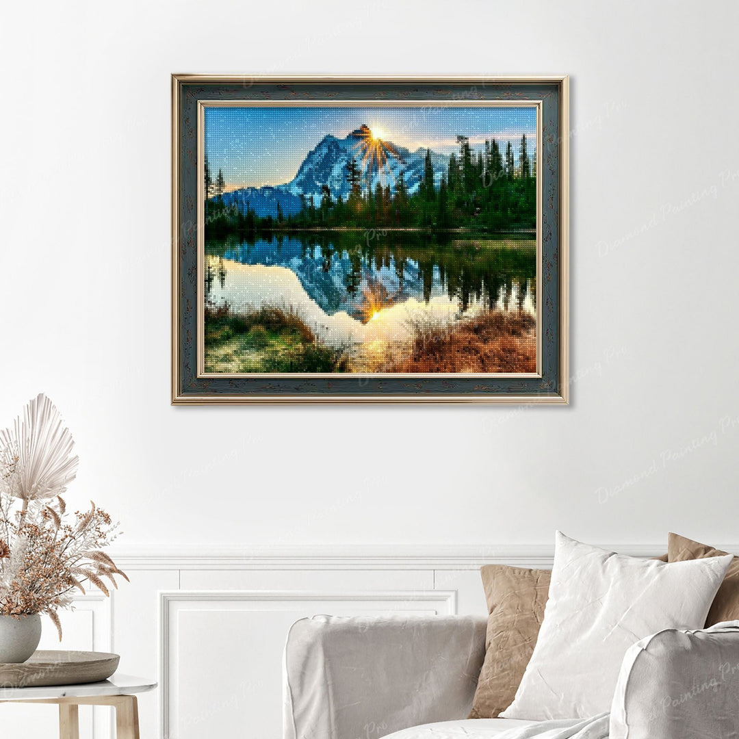 Sun Shining on Mountain Finished Diamond Painting Displayed with Vintage Frame as Home Decor