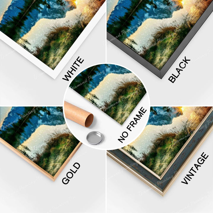 Completed Diamond Art of Sun Shining on Mountain with Multiple Frame Options