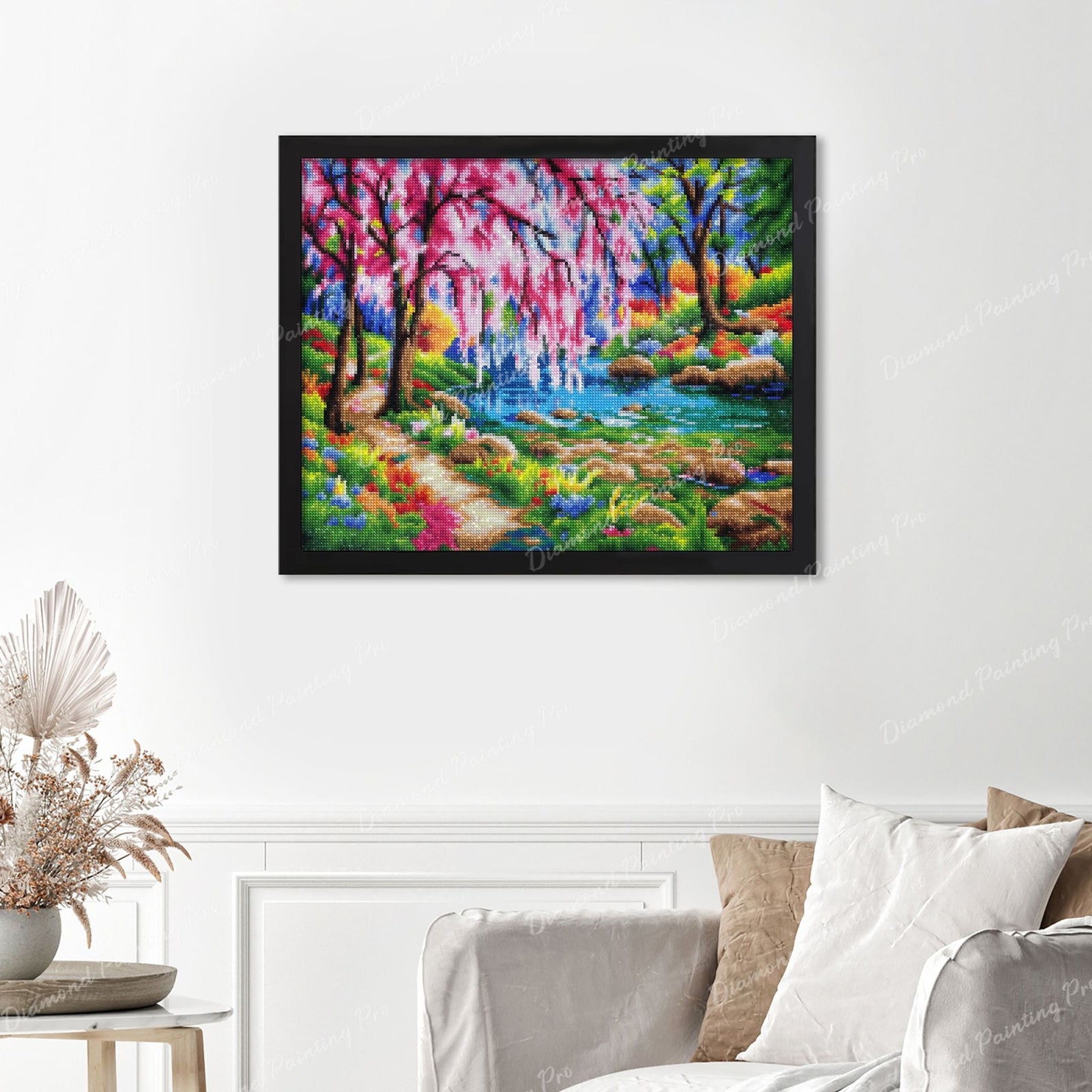 Cherry Blossom Tree Near River Finished Diamond Painting Displayed with Black Frame as Home Decor