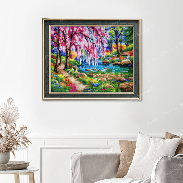 Cherry Blossom Tree Near River Finished Diamond Painting Displayed with Vintage Frame as Home Decor