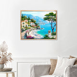 Mediterranean Seaside Finished Diamond Painting Displayed with Gold Frame as Home Decor