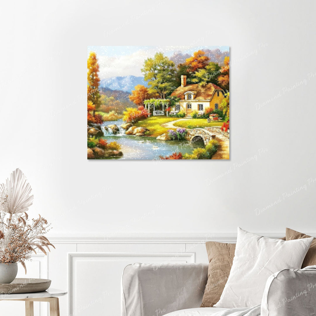 Autumn Cottage by the River Finished Diamond Painting with No Frame