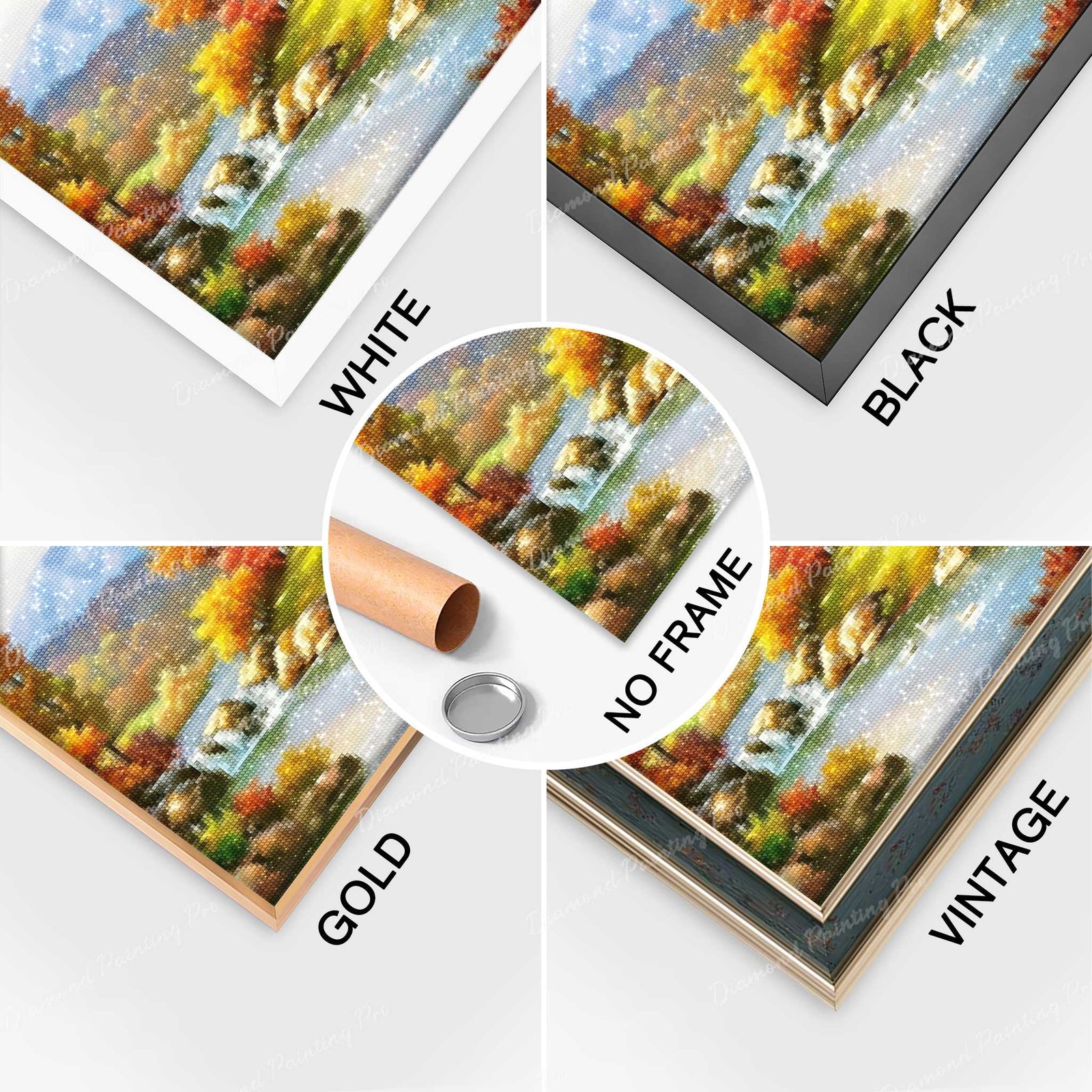 Completed Diamond Art of Autumn Cottage by the River with Multiple Frame Options