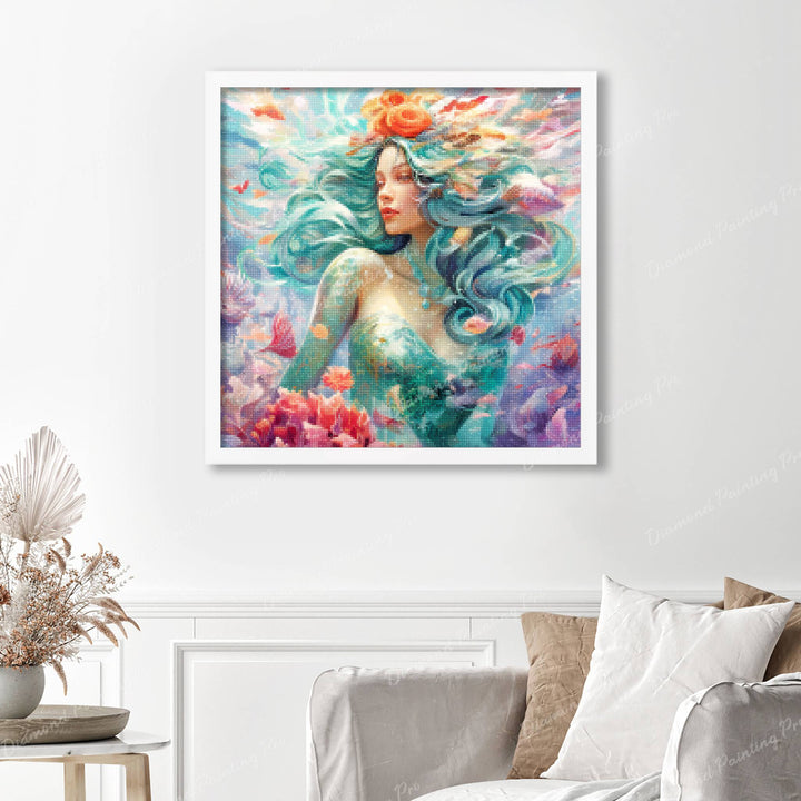 Enchanting Mermaid Delight Finished Diamond Painting Displayed with White Frame as Home Decor