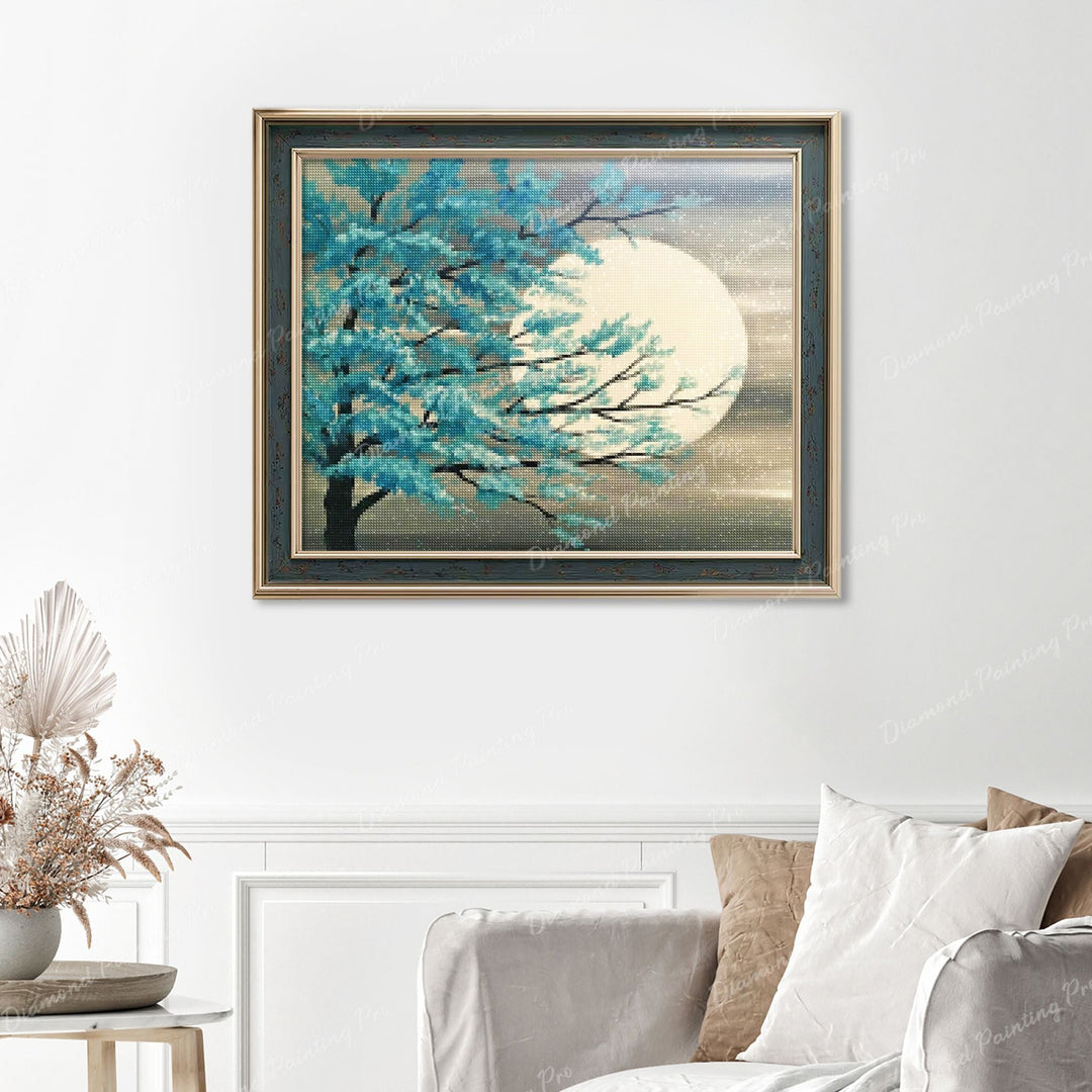 Moon Tree Landscape Finished Diamond Painting Displayed with Vintage Frame as Home Decor