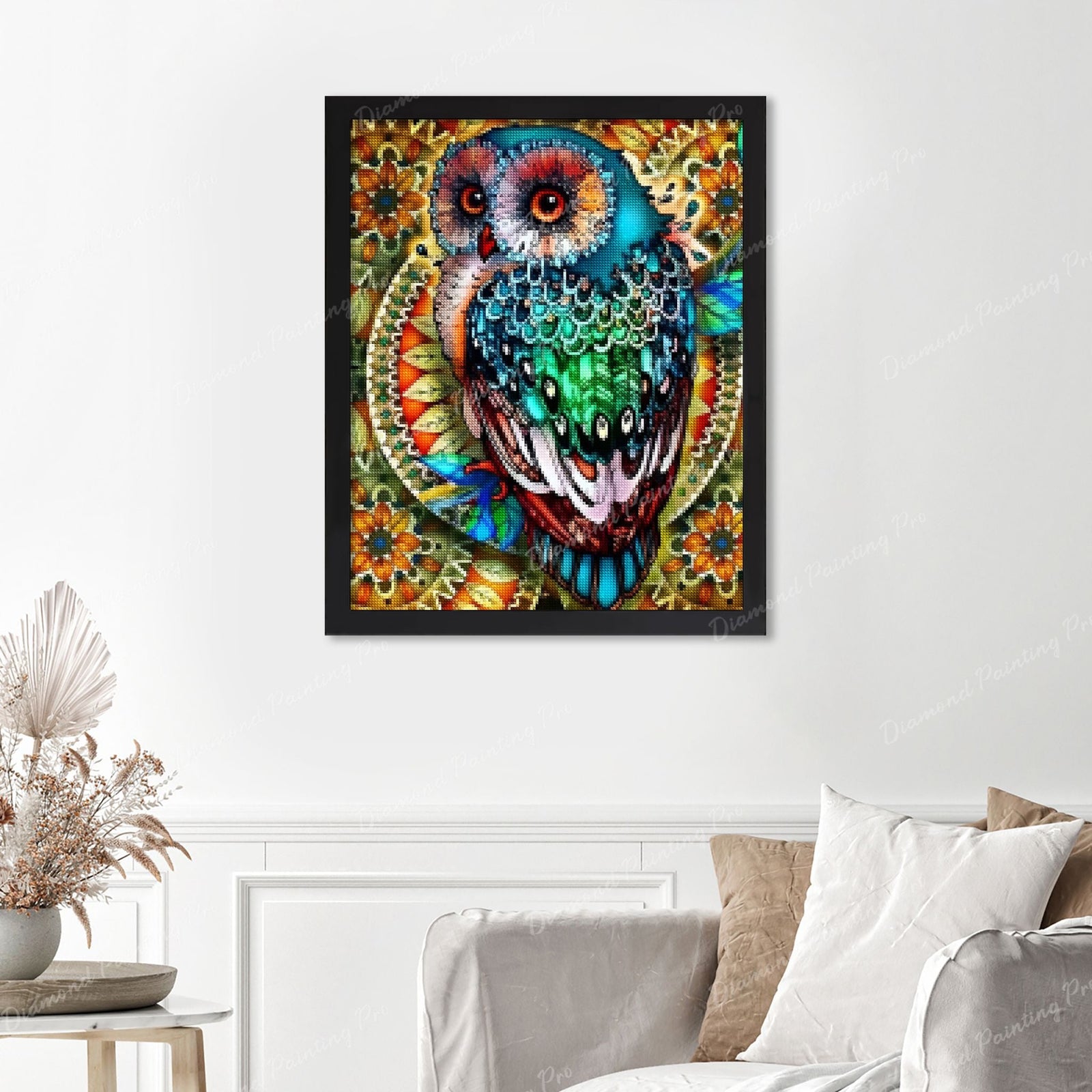 Mandala Berry Branch Owl Finished Diamond Painting Displayed with Black Frame as Home Decor