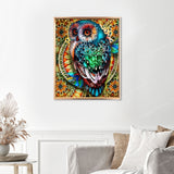 Mandala Berry Branch Owl Finished Diamond Painting Displayed with Gold Frame as Home Decor