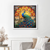 Majestic Peacock Stained Glass Finished Diamond Painting Displayed with White Frame as Home Decor