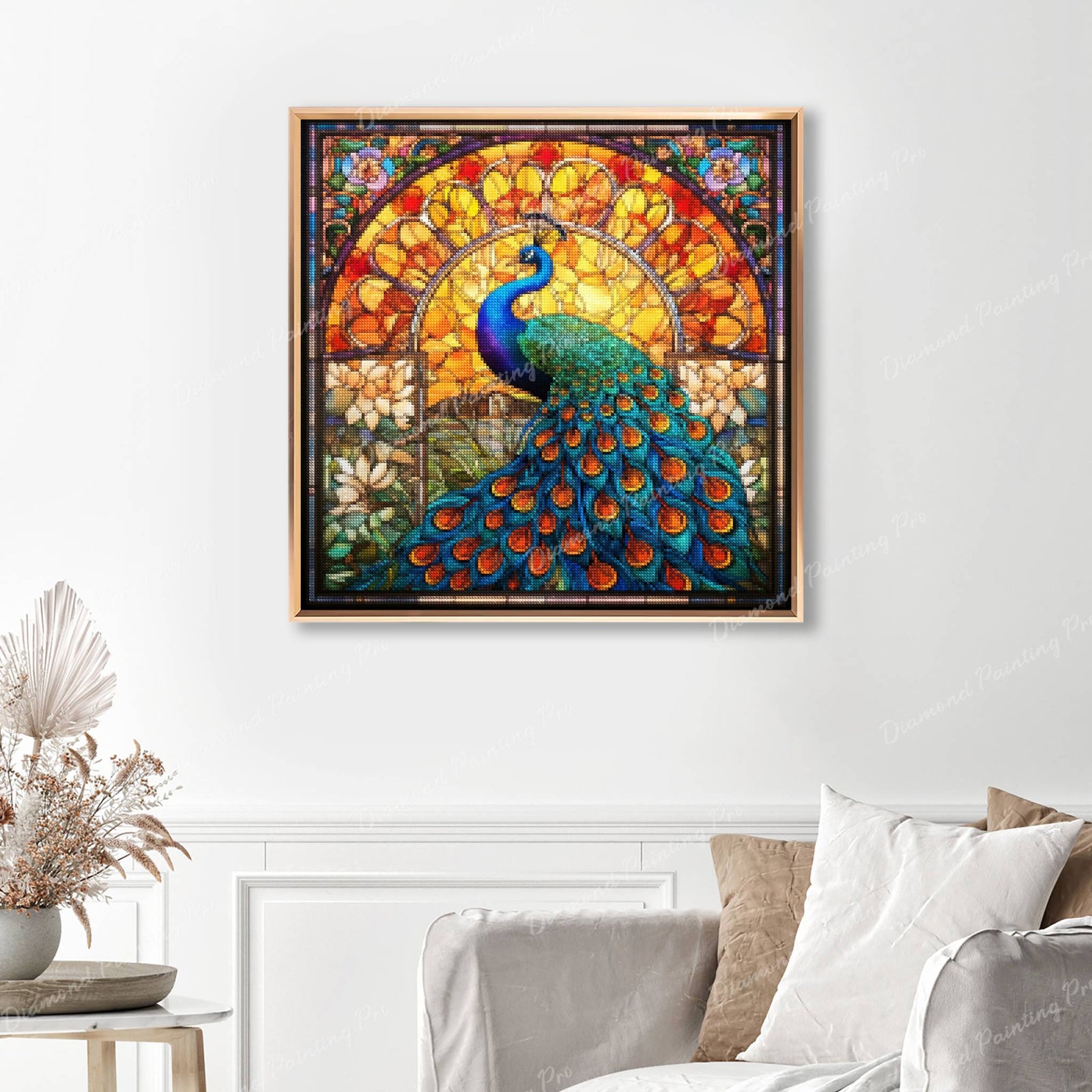 Majestic Peacock Stained Glass Finished Diamond Painting Displayed with Gold Frame as Home Decor