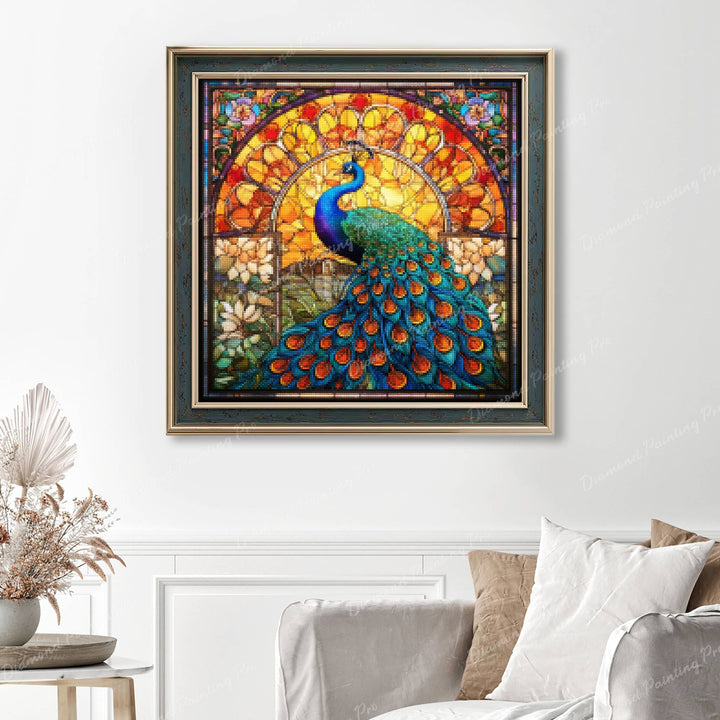 Majestic Peacock Stained Glass Finished Diamond Painting Displayed with Vintage Frame as Home Decor