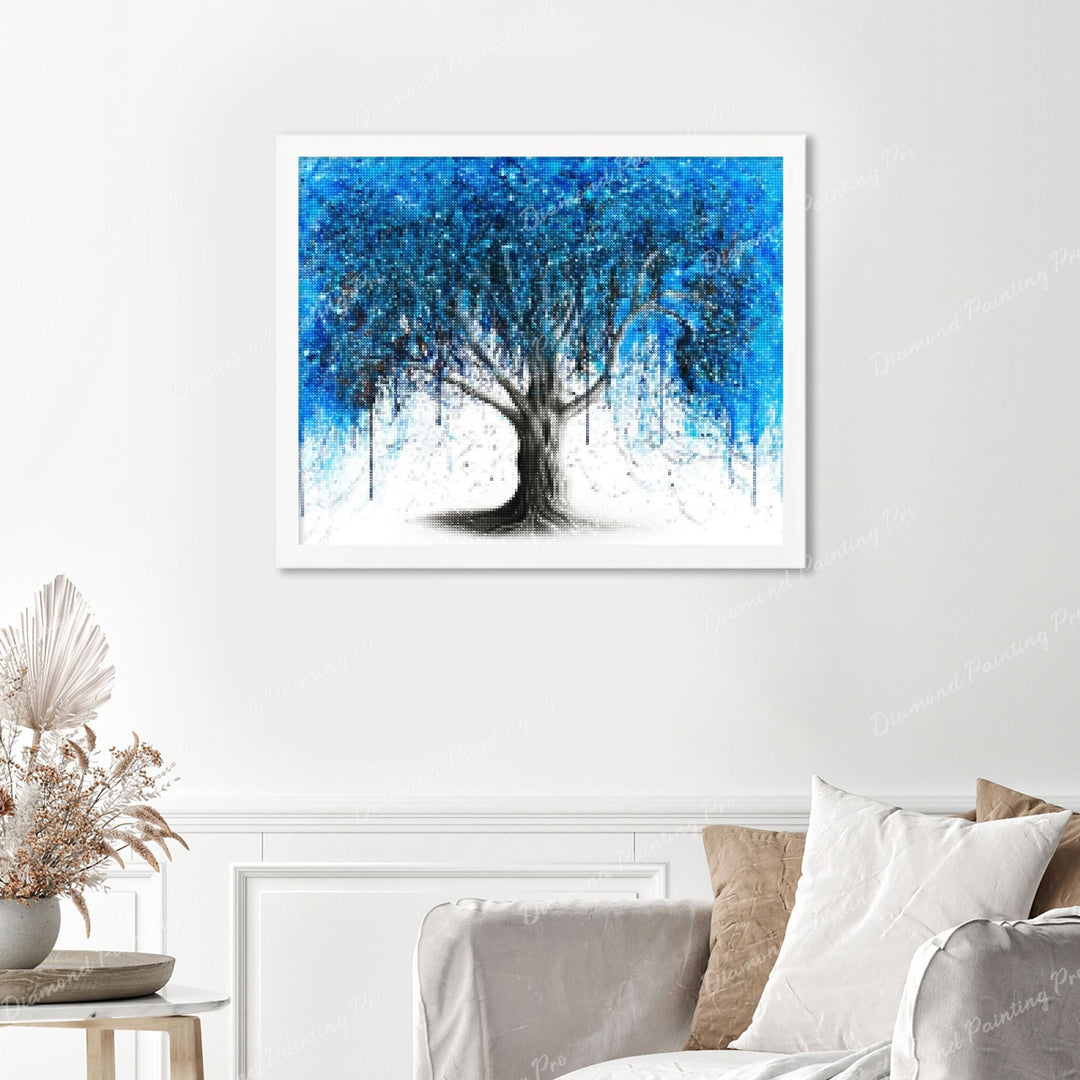 Blue Midnight Tree Finished Diamond Painting Displayed with White Frame as Home Decor