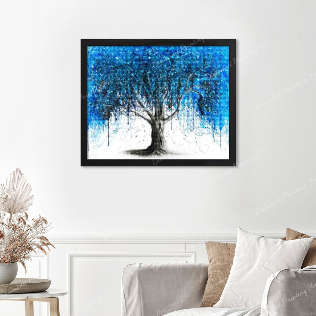 Blue Midnight Tree Finished Diamond Painting Displayed with Black Frame as Home Decor