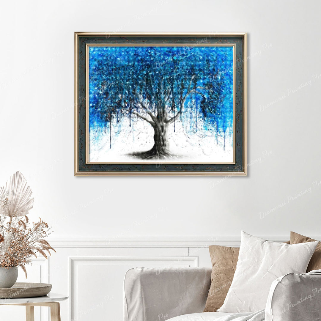 Blue Midnight Tree Finished Diamond Painting Displayed with Vintage Frame as Home Decor