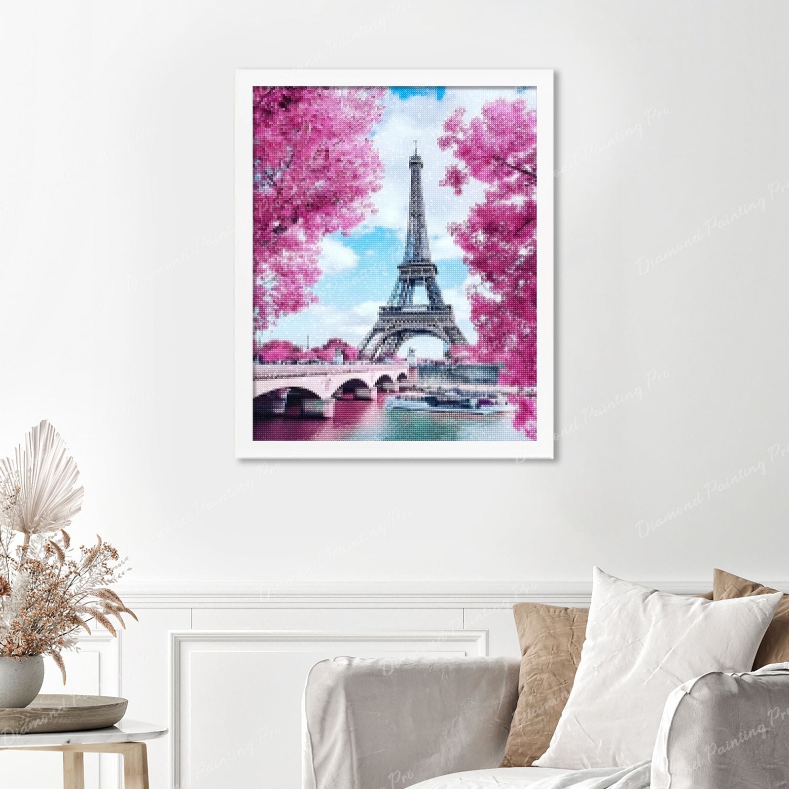 Eiffel Tower with Cherry Blossoms Finished Diamond Painting Displayed with White Frame as Home Decor