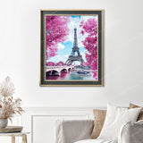 Eiffel Tower with Cherry Blossoms Finished Diamond Painting Displayed with Vintage Frame as Home Decor