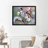 Lovebirds Finished Diamond Painting Displayed with Black Frame as Home Decor