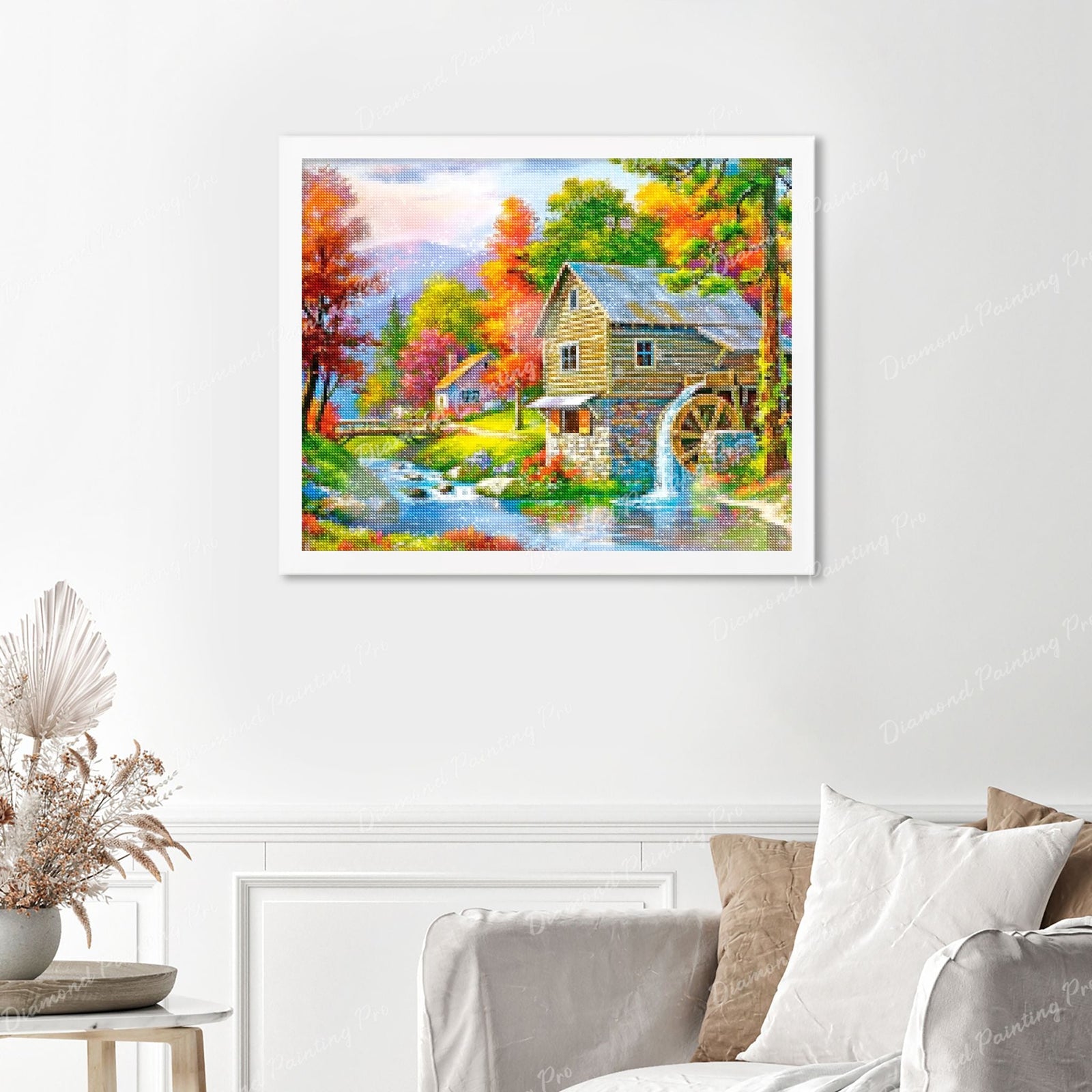 Autumn Cottage Finished Diamond Painting Displayed with White Frame as Home Decor