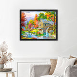 Autumn Cottage Finished Diamond Painting Displayed with Black Frame as Home Decor