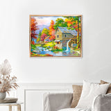 Autumn Cottage Finished Diamond Painting Displayed with Gold Frame as Home Decor