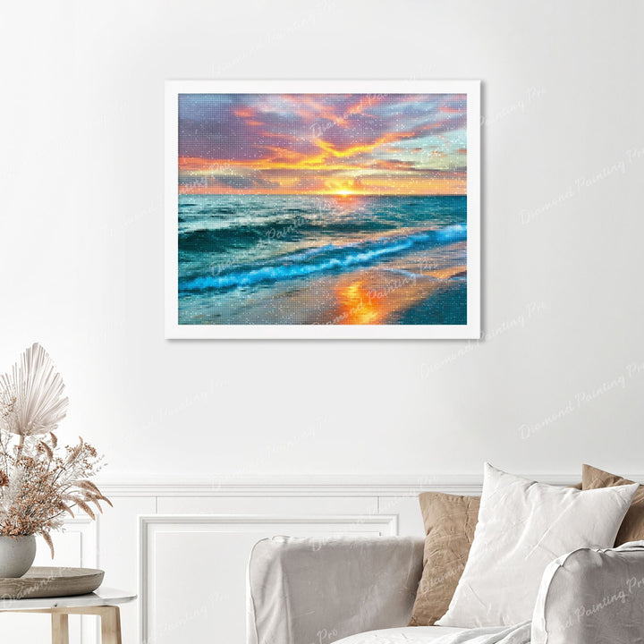 Sunset over Ocean Finished Diamond Painting Displayed with White Frame as Home Decor