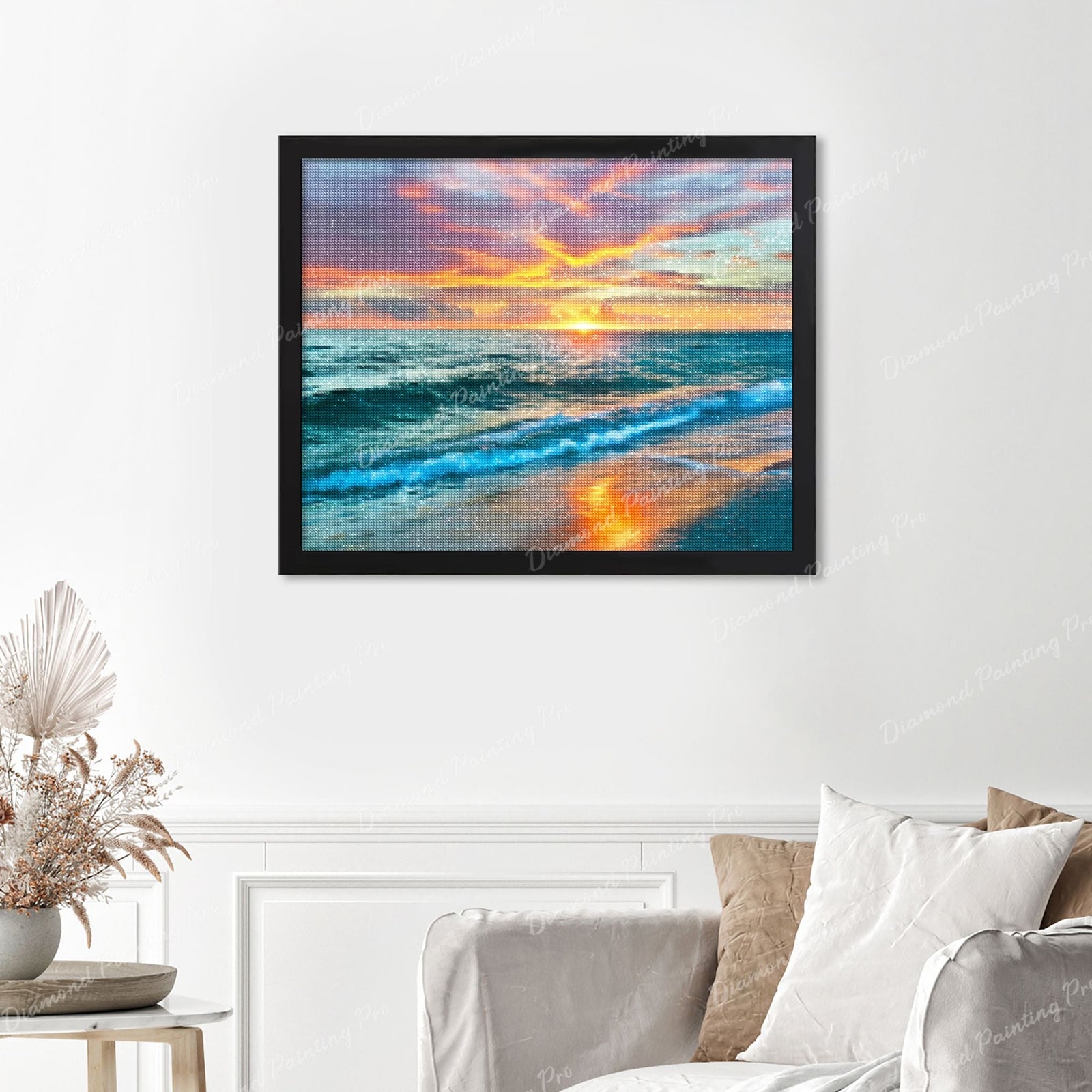 Sunset over Ocean Finished Diamond Painting Displayed with Black Frame as Home Decor