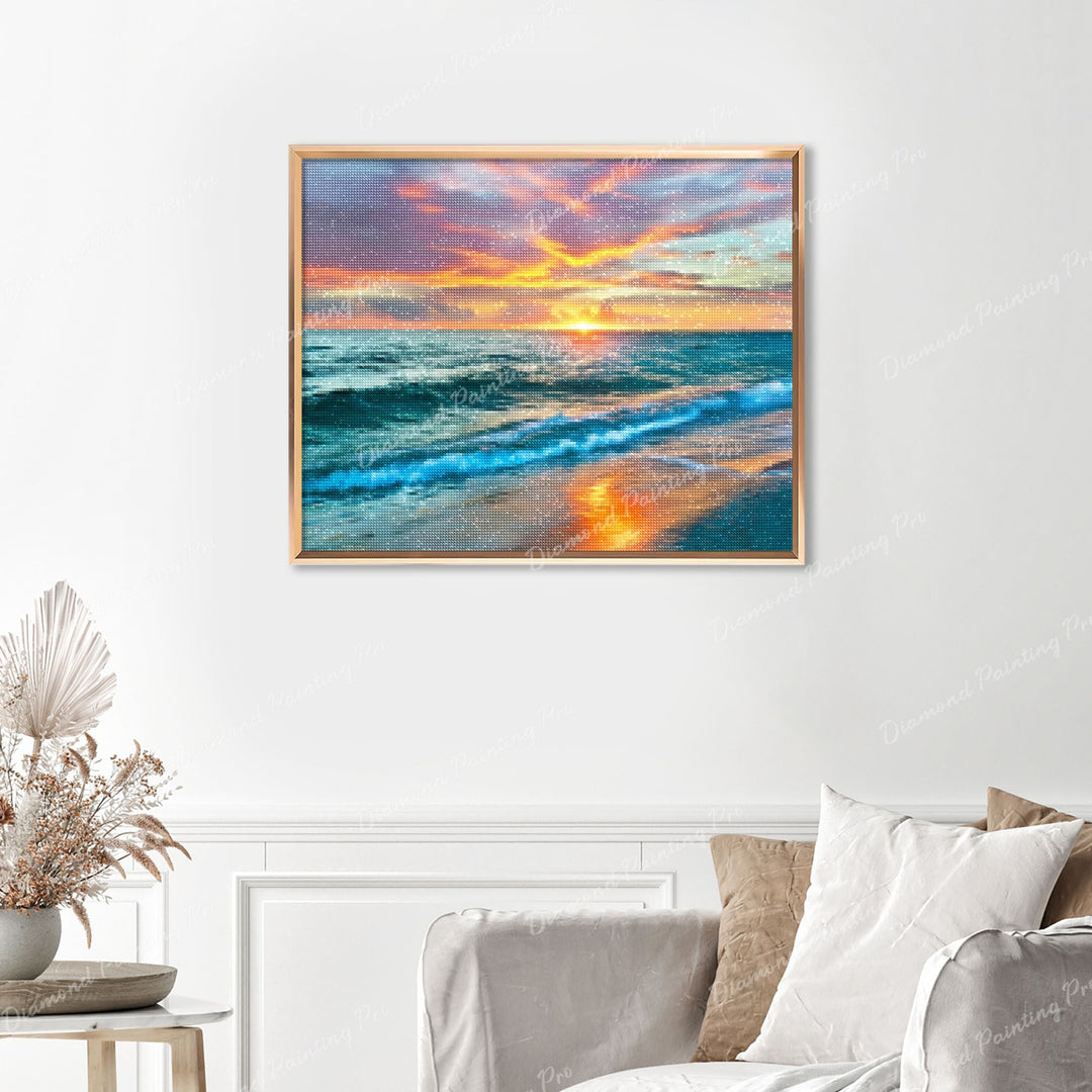 Sunset over Ocean Finished Diamond Painting Displayed with Gold Frame as Home Decor