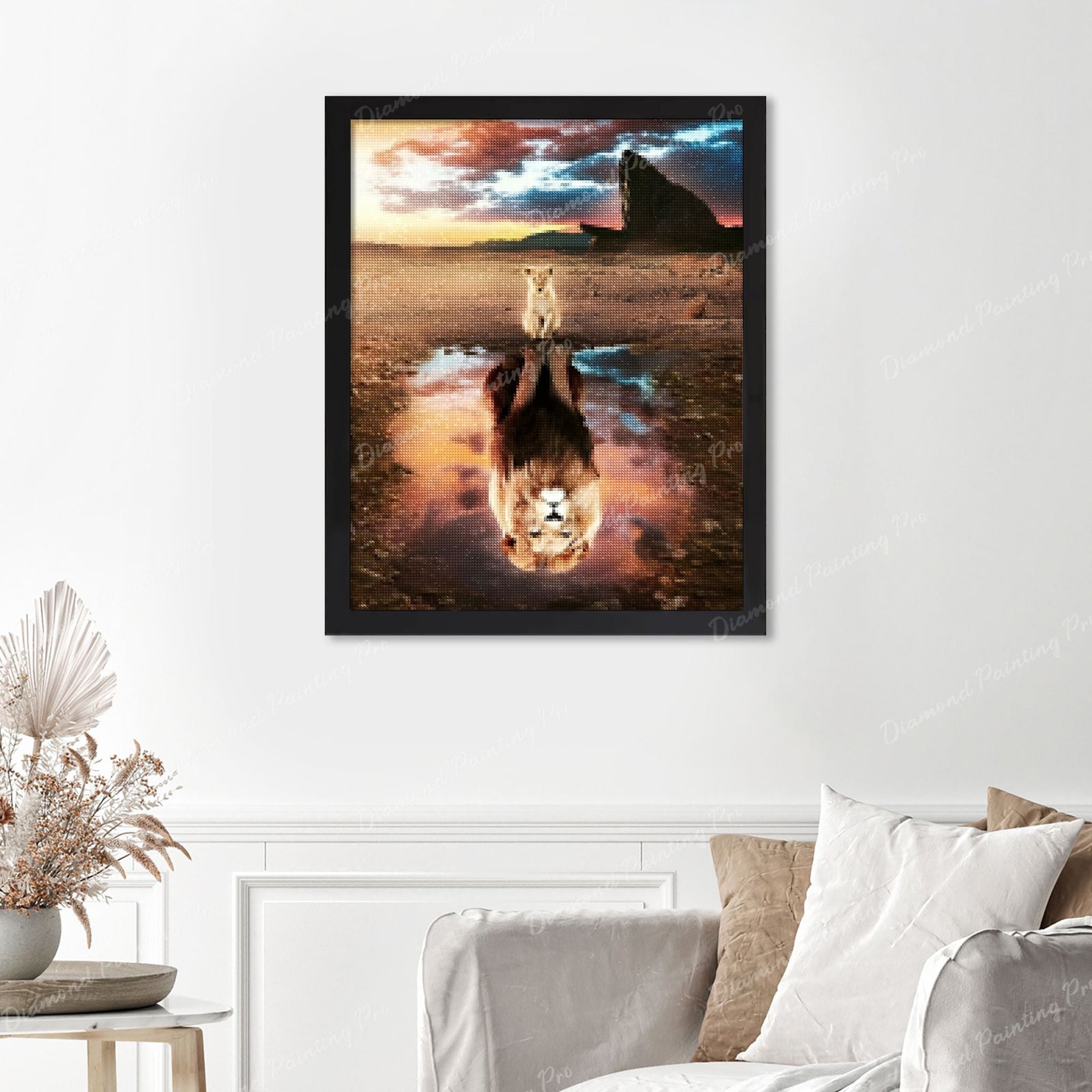 Lion Legacy Reflection Finished Diamond Painting Displayed with Black Frame as Home Decor