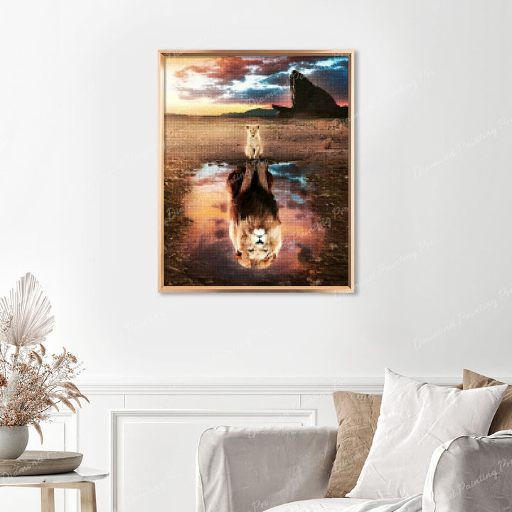 Lion Legacy Reflection Finished Diamond Painting Displayed with Gold Frame as Home Decor