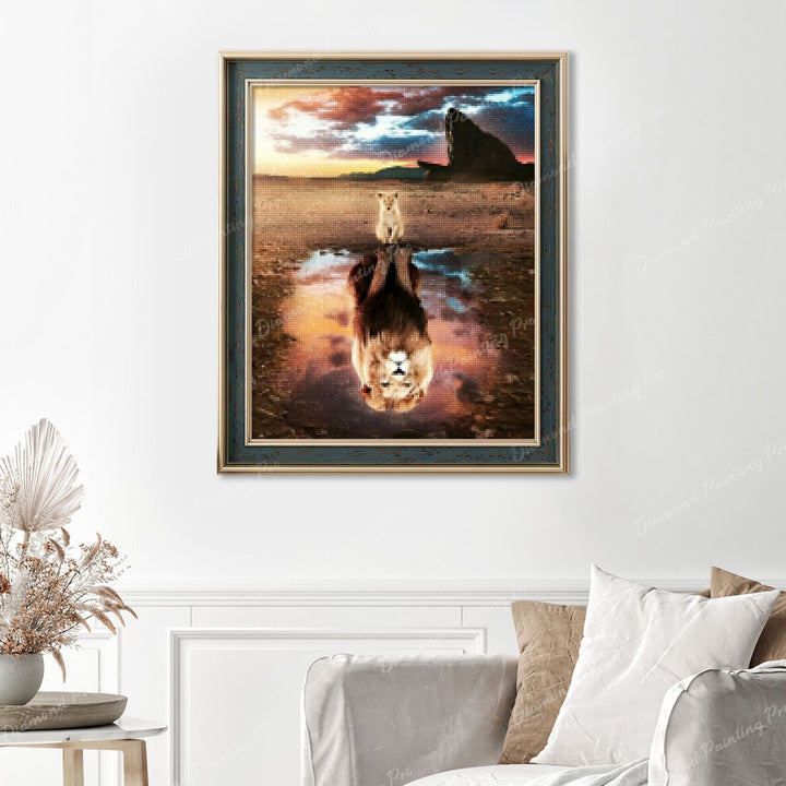 Lion Legacy Reflection Finished Diamond Painting Displayed with Vintage Frame as Home Decor