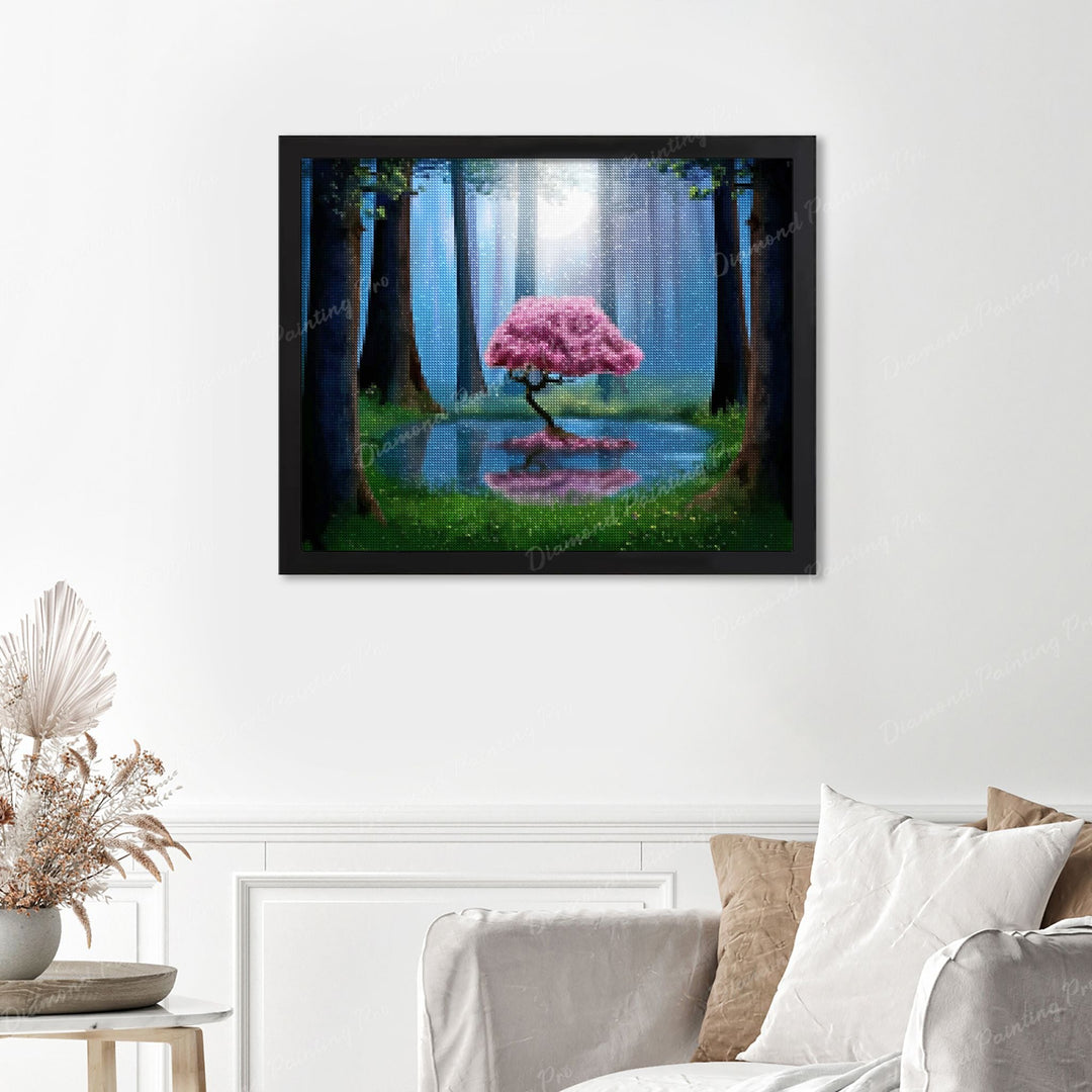 Forest Pink Tree Finished Diamond Painting Displayed with Black Frame as Home Decor