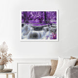 Purple Waterfall Finished Diamond Painting Displayed with White Frame as Home Decor