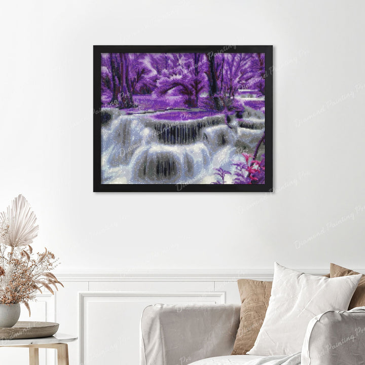 Purple Waterfall Finished Diamond Painting Displayed with Black Frame as Home Decor