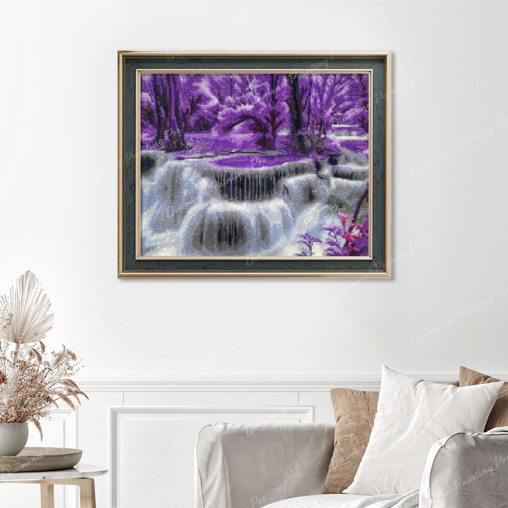 Purple Waterfall Finished Diamond Painting Displayed with Vintage Frame as Home Decor