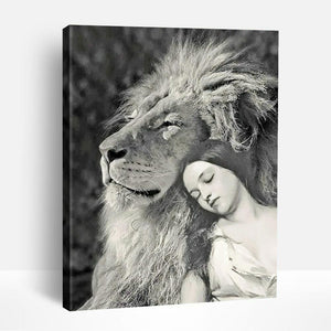 Lion and Girl in Black & White | Paint By Numbers