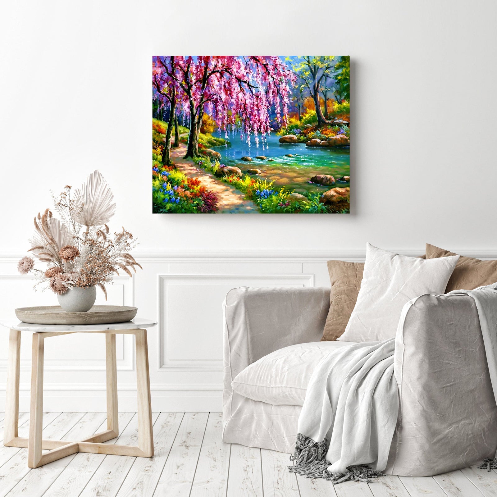 Cherry Blossom Tree Near River | Diamond Painting Displayed as Home Decor