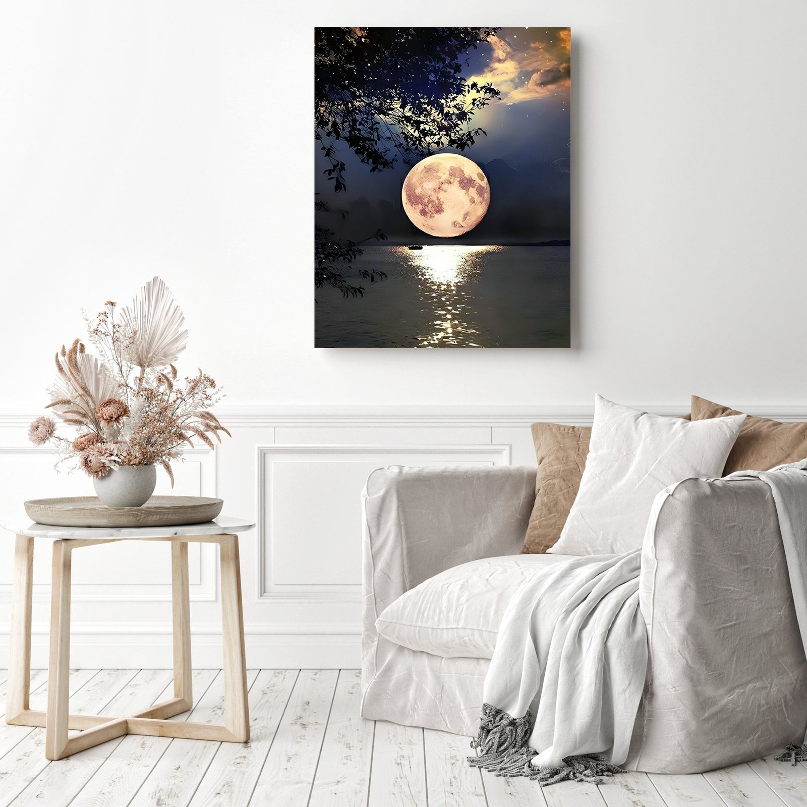 Beautiful Full Moon On Lake | Diamond Painting Displayed as Home Decor