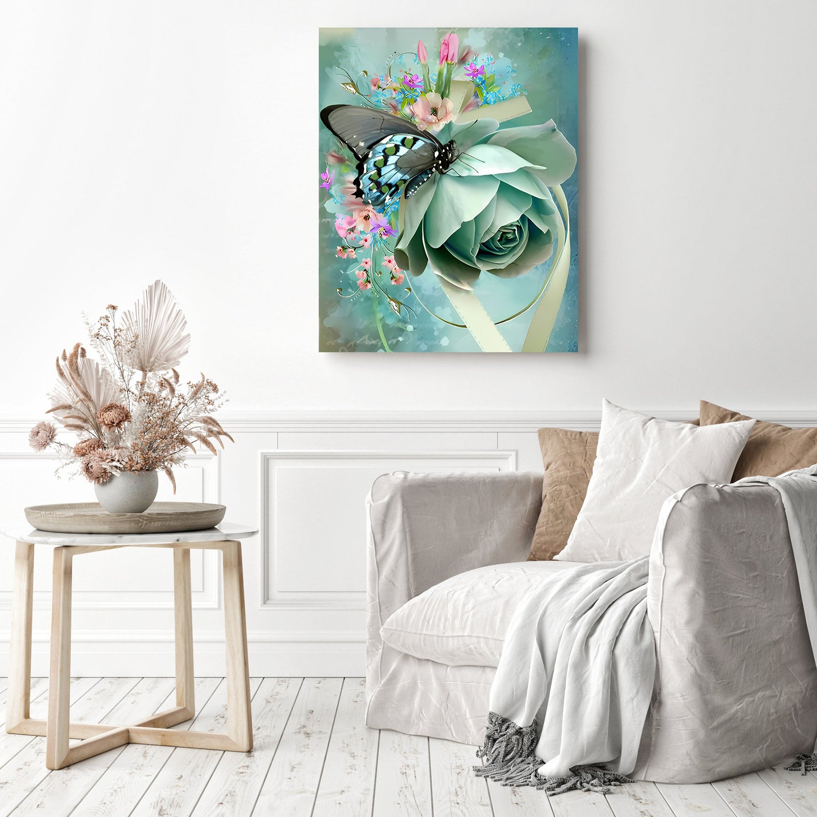 Butterfly on Rose | Diamond Painting Displayed as Home Decor