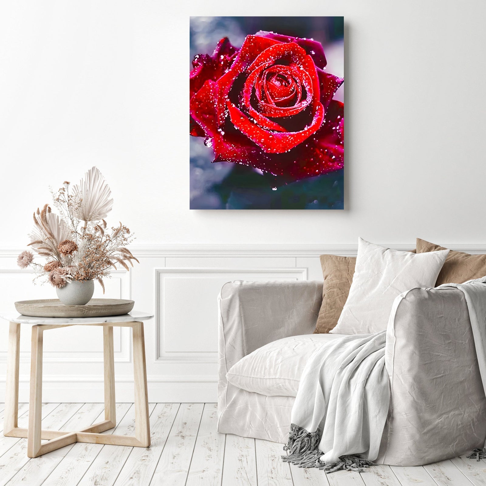 Red Rose with Dew | Diamond Painting Displayed as Home Decor