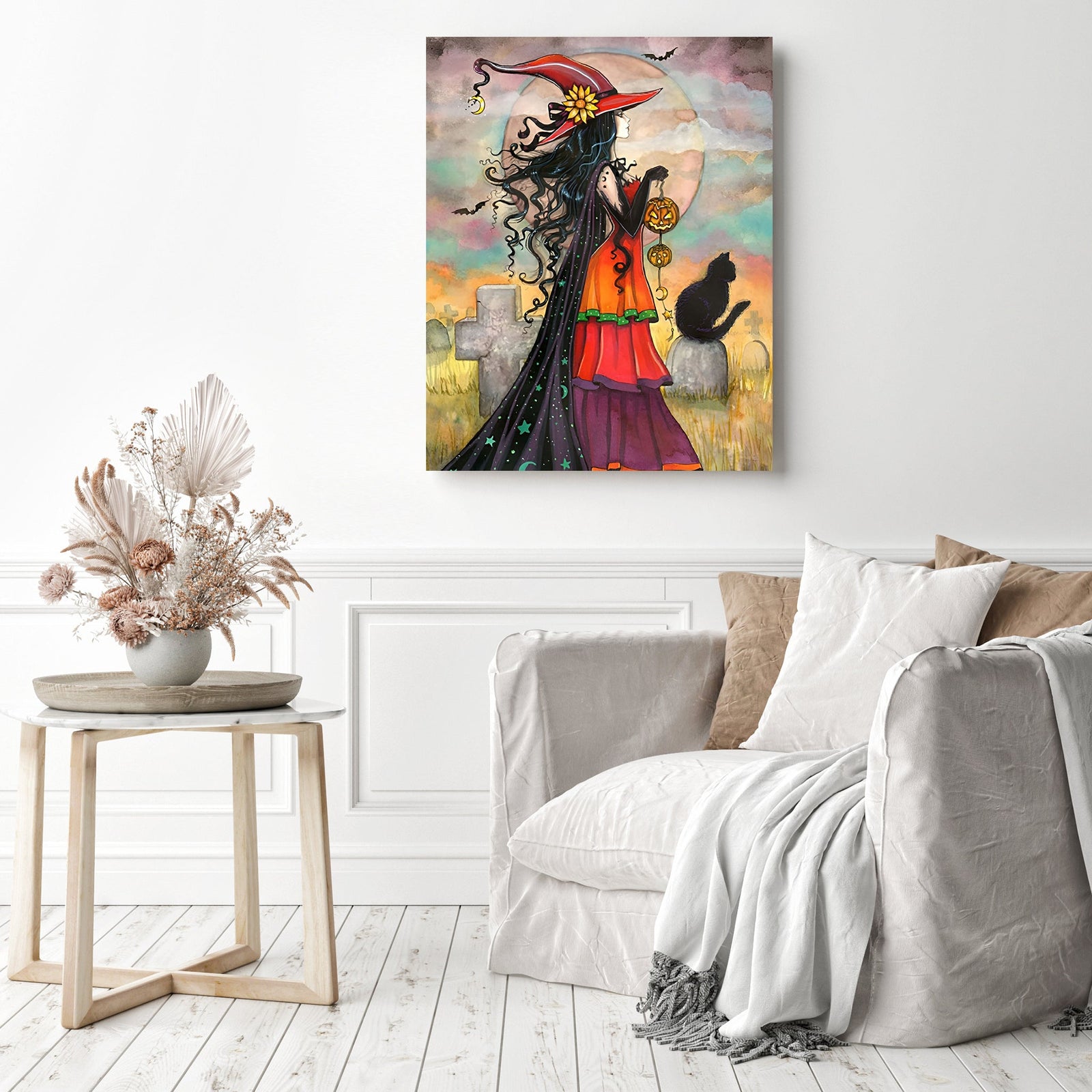 Witch Carrying A Pumpkin Lantern | Diamond Painting Displayed as Home Decor