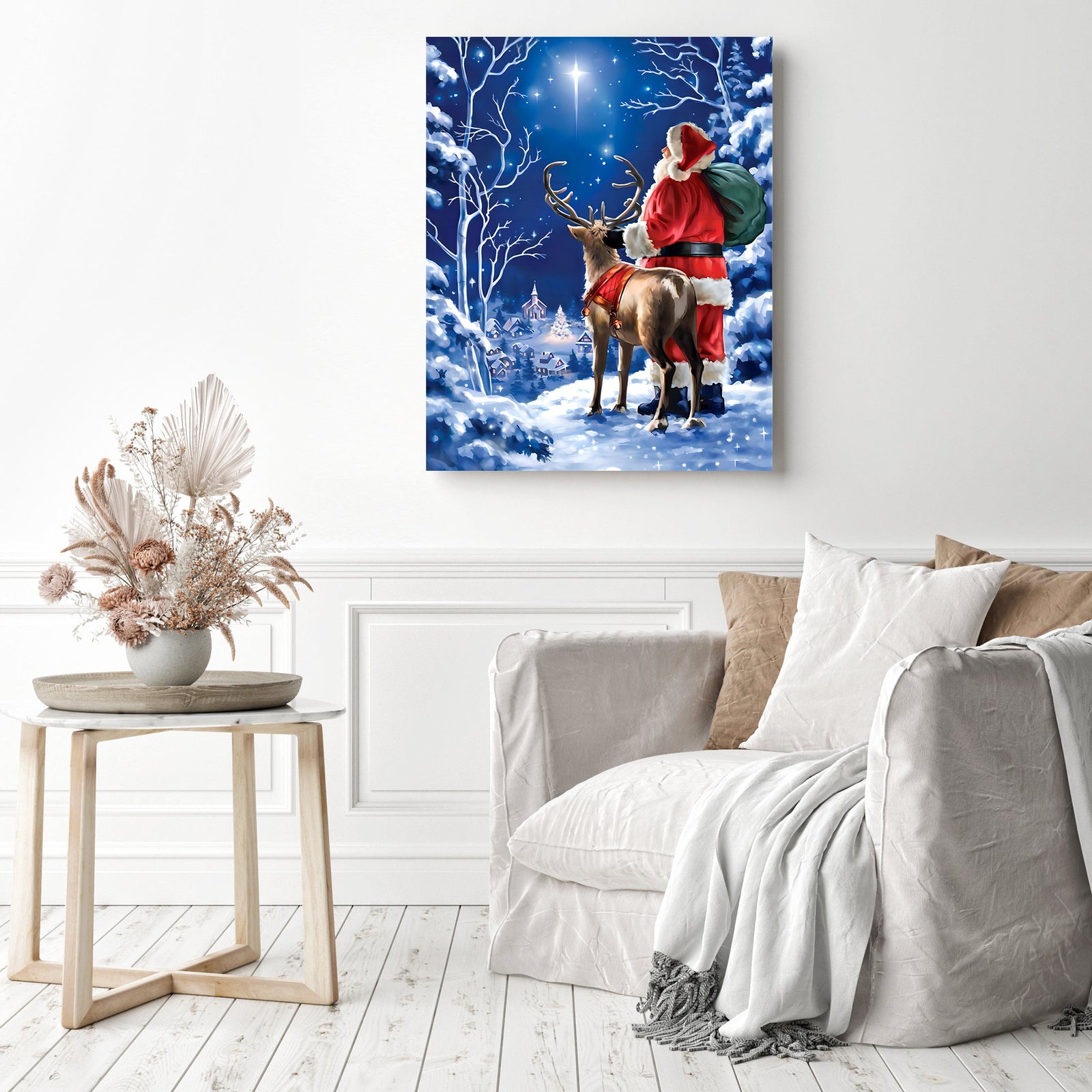 Starry Night Santa with Deer | Diamond Painting Displayed as Home Decor