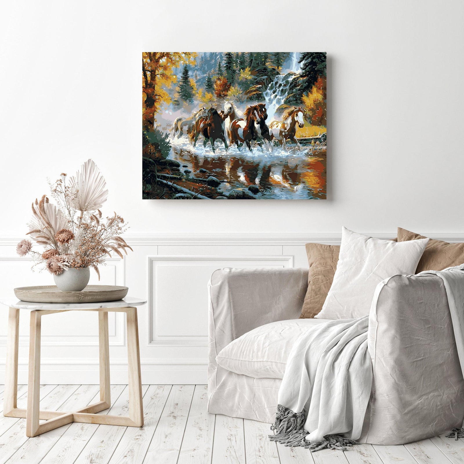 Horses Galloping Downstream | Diamond Painting Displayed as Home Decor