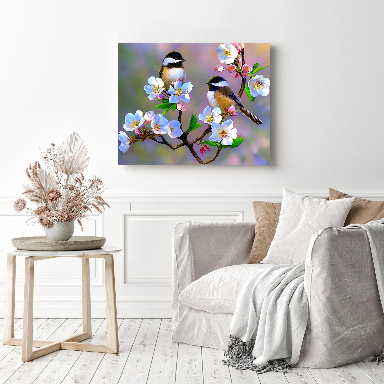 Lovebirds | Diamond Painting Displayed as Home Decor