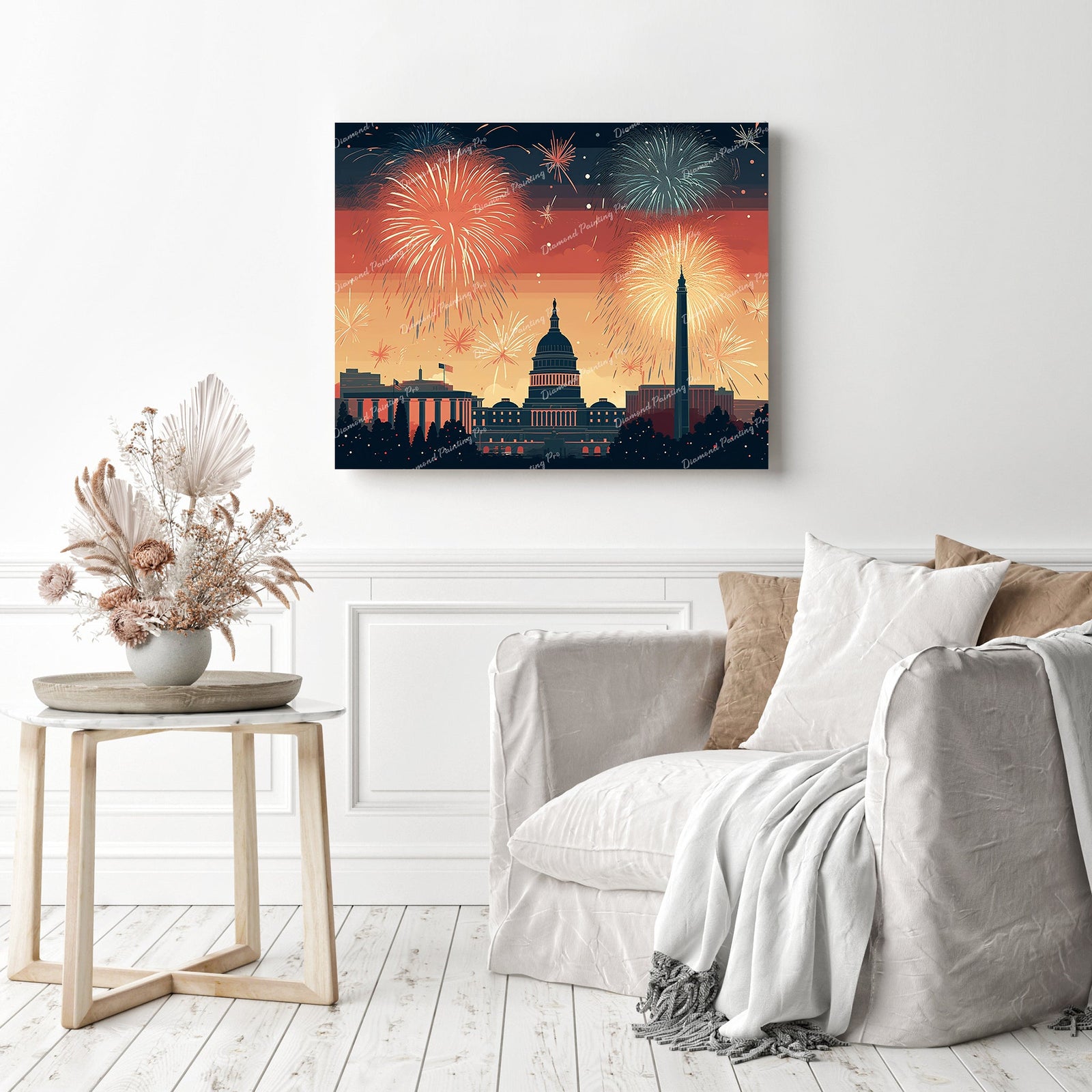 Patriotic Skyline Spectacular | Diamond Painting Displayed as Home Decor