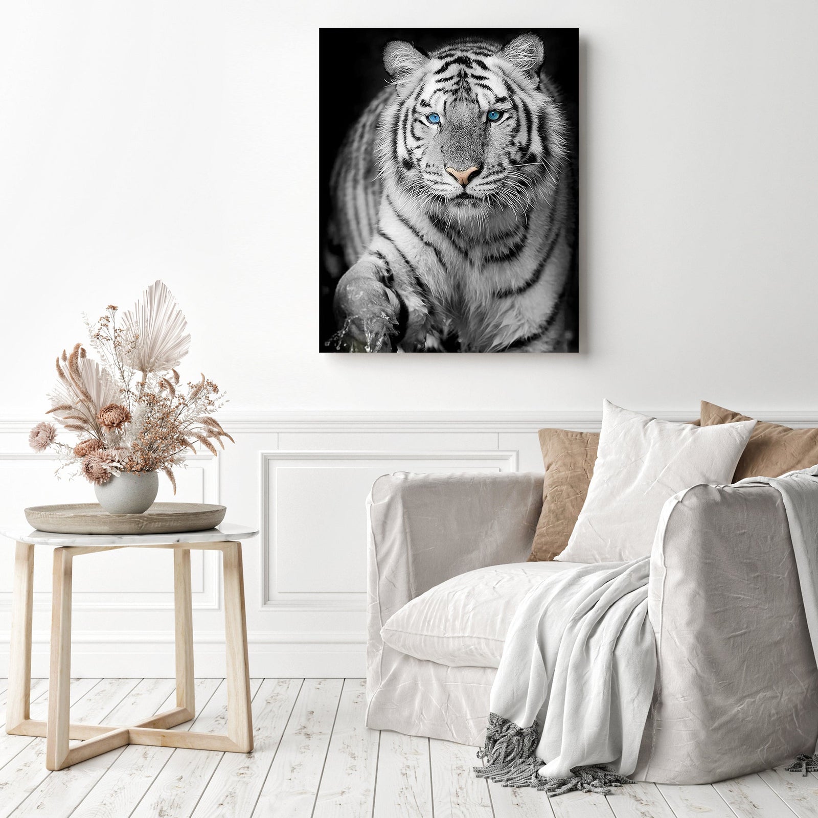 Blue Eyed Snow Tiger | Diamond Painting Displayed as Home Decor